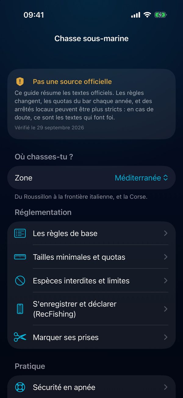 Capture d'écran BeFish : Guide réglementaire